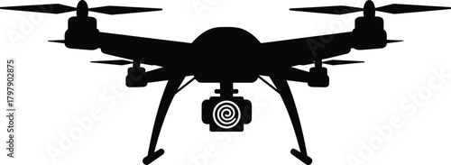Modern drone silhouette with professional camera, quadcopter vector illustration, unmanned aerial technology, flying gadget design for photography and video production