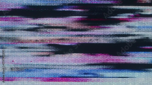 Abstract MiniDV tape glitch texture featuring horizontal dropouts, chroma noise, and distorted scanlines. The image shows characteristic analog-digital interference typical of MiniDV footage errors