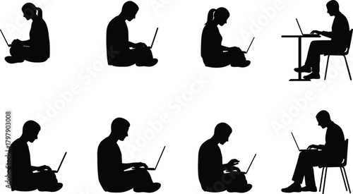 People silhouettes working on laptops, sitting and typing, remote work concept, digital communication, modern technology lifestyle, productivity illustration, workspace design