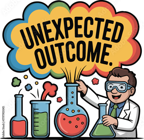 Scientist with bubbling beakers and unexpected outcome text laboratory experiment