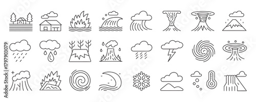 Powerful collection of natural disaster icons showcasing wildfires, floods, earthquakes, storms, volcanoes, tsunamis, and extreme weather