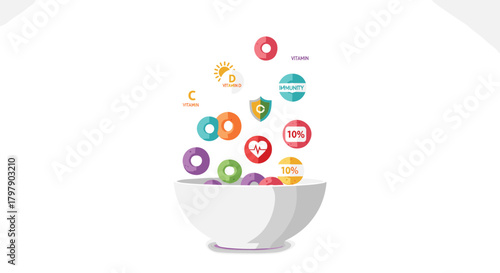 Healthy Breakfast Cereal Bowl with Icons of Health and Wellness, Generative AI.