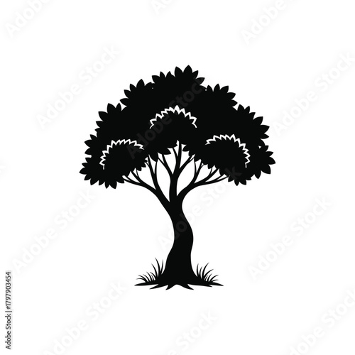 Silhouette of a majestic tree with lush foliage on a white background