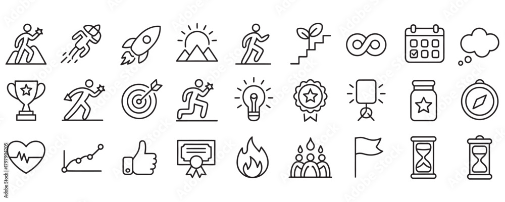 Naklejka premium Dynamic set of vector icons for business success, career goals, and personal achievements that inspire and motivate on white background