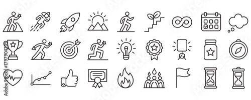 Dynamic set of vector icons for business success, career goals, and personal achievements that inspire and motivate on white background