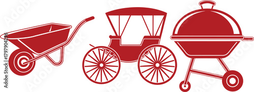 Red Silhouette Icons of a Wheelbarrow, Horse- Drawn Carriage, and Barbecue Grill cart horse-drawn