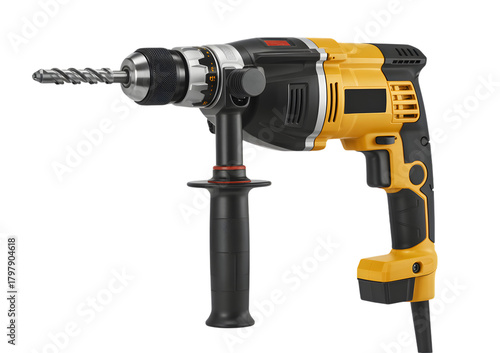 Yellow and black power drill with a drill bit attached, isolated on white.