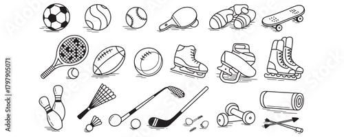 Get active with this fantastic line art collection of sports equipment for fitness, games, recreation, and a healthy, fun lifestyle
