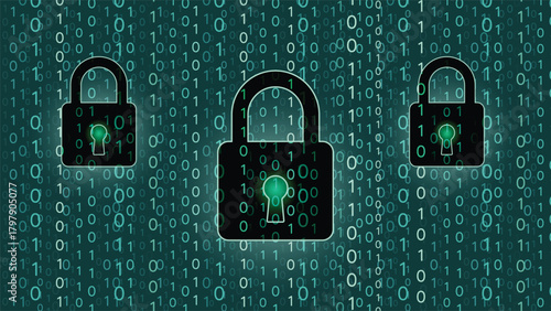 Cyber security background featuring glowing padlocks over flowing binary code. Ideal for data protection themes hacking prevention digital safety concepts technology visuals and secure system designs.