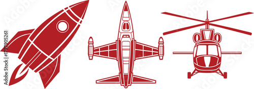 Red Silhouettes of a Rocket, Jet, and Helicopter on White Background transportation vehicle