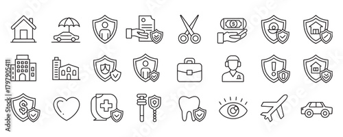 Comprehensive insurance coverage icons for home, health, auto, travel and life protection with risk management assurances and secure finances