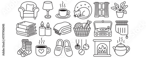 Create your own cozy haven with this delightful line art collection perfect for relaxation, comfort, and simple joys of home living