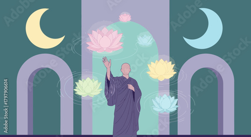 Elegant spiritual illustration featuring a monk, lotus flowers, and crescent moons in serene colors