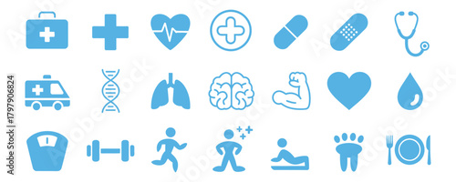 Modern blue health and wellness icons set perfect for medical designs or healthcare app interfaces promoting healthy lifestyle choices
