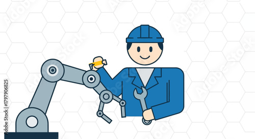 Illustration of a mechanic maintaining a robotic arm for industrial automation and manufacturing