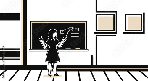 Illustration of a teacher explaining a diagram on a blackboard in a classroom setting, using