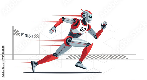 Illustration showcasing a fast robot running towards the finish line in a competition