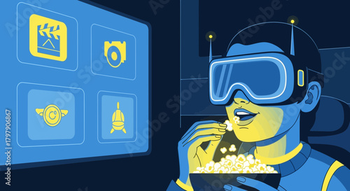 Immersive Entertainment: Woman Enjoying VR Experience with Popcorn in a Futuristic Setting