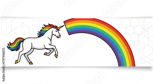 Illustrative depiction of a majestic unicorn prancing alongside a vibrant rainbow
