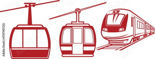 Red Vector Icons of Gondola Cable Car and Train on White Background Keywords: gondola, cable car, ski lift, tram, train, railway