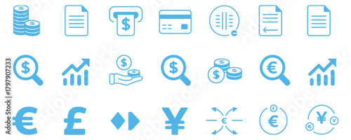 Unlock financial success with these clean and modern business icons representing currency, growth, documents, and global markets insights