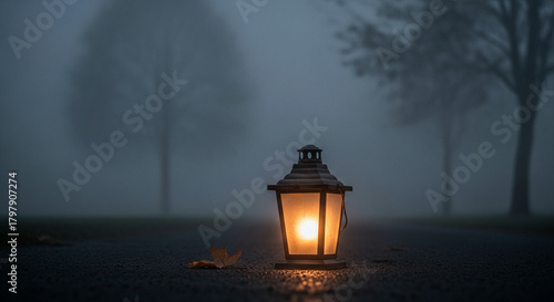 soft glowing lantern in foggy environment, muted tones, symbolic remembrance