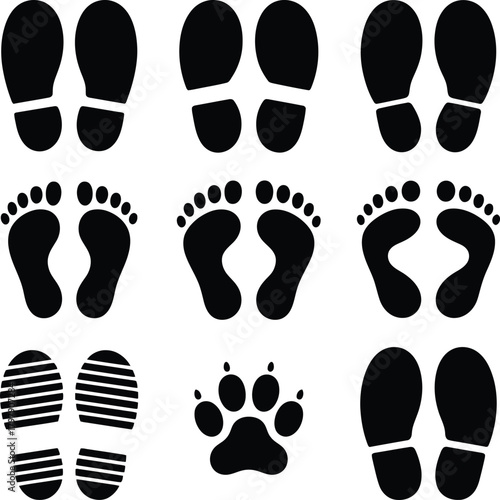 Footprints, shoe prints, and paw print vector illustration collection.