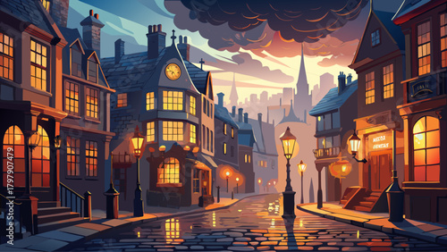 Very beautiful atmospheric Victorian London scene on a moody evening, featuring warm gas-lights glowing through drifting fog, historic brick buildings, and softly lit cobblestone streets in a timeless
