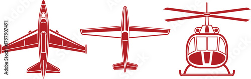 Red Vector Icons of Jet Airplane Propeller Plane and Helicopter on White Background Keywords: jet airplane, fighter jet, private