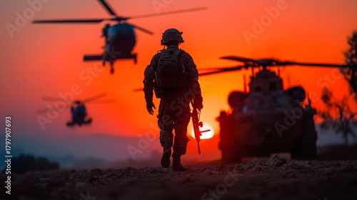 Fotografie Soldier walking towards sunset with helicopters and military vehicles AI Generat