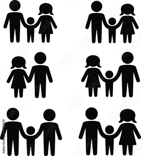 Basic black stick figure family group icons on white background