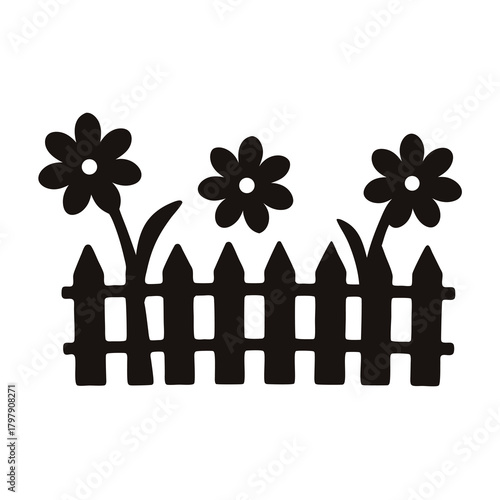 Minimalistic flowers peeking over a wooden fence in black and white design
