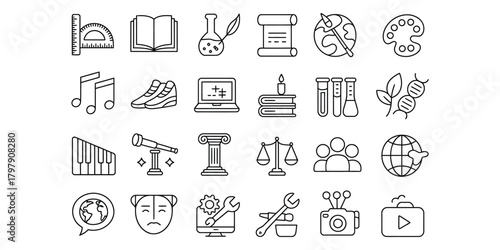 Education icons showcase a diverse range of subjects from science and math to arts and humanities offering visually engaging linear symbols for learning and growth