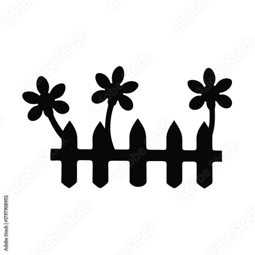 Simple silhouette image depicting flowers growing behind a picket fence graphic