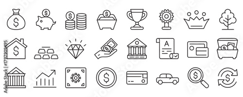 Finance and investment icons for modern business concepts, including money, banking, real estate, and wealth management with a clean, minimalist design
