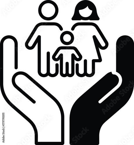 Family care protection icon: hands holding parents and child