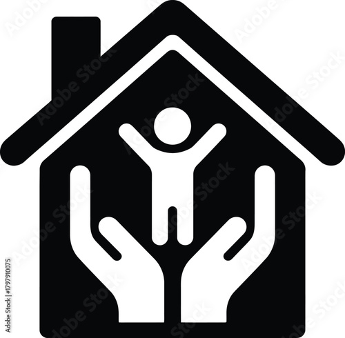 Home protection and child safety icon, hands supporting kid
