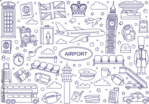 Vector art of doodle of airport and travel elements