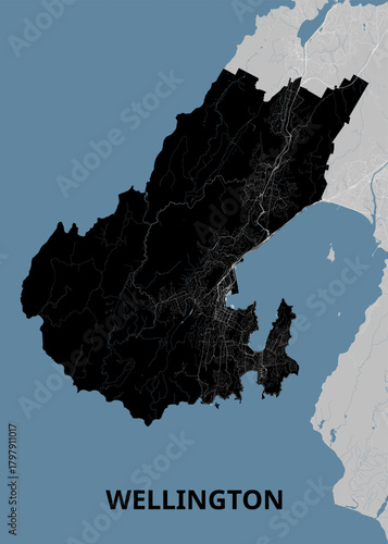 This image shows a detailed map of Wellington, New Zealand. The city's outline is prominently displayed in black, surrounded by a blue background representing the ocean.