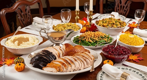 Thanksgiving holiday feast dinner table with turkey and sides served