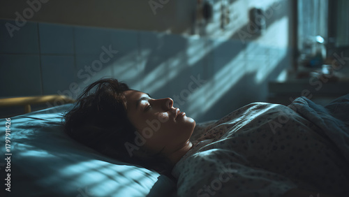 A Patient's Somber Repose, Her Face Illuminated by Cold, Barred Window Light.