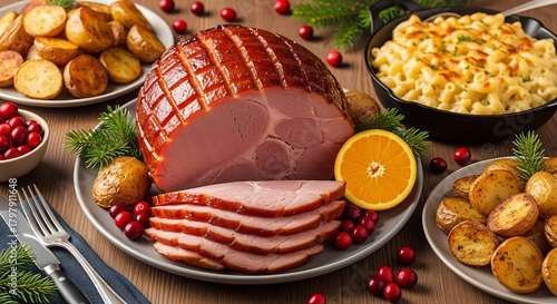 Festive glazed ham with roasted potatoes, cranberries, and mac and cheese