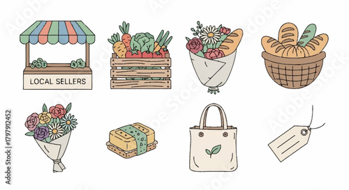 Doodle-style icon set representing a local farmers market with fresh produce, flowers, bread, and eco-friendly shopping elements