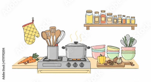 Hand-drawn kitchen illustration with a pot cooking on the stove, surrounded by essential tools, fresh vegetables, and a spice rack, symbolizing healthy home meal preparation