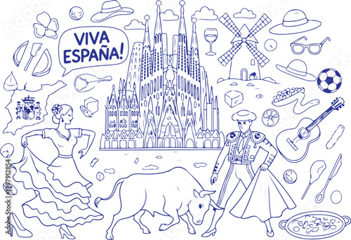 Vector art of spain travel icons with sagrada familia and bullfighter