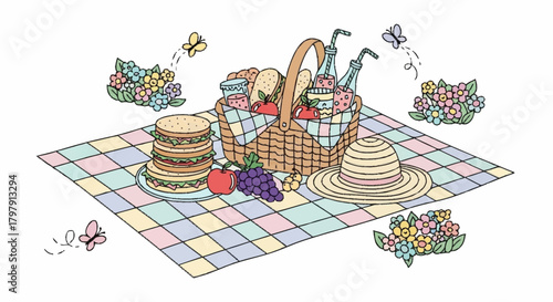 A charming illustration of a picnic basket filled with goodies, sandwiches, fruits, and a hat, set on a checkered blanket with blooming flowers and butterflies