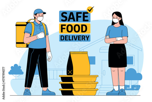 A delivery person wearing a mask hands off a food order to a customer, emphasizing safe food delivery.