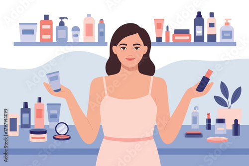 A woman holds skincare products in her hands while standing in front of a shelf filled with beauty items.