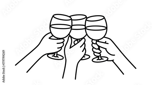 Three hands holding wine glasses in a toast, celebrating together.