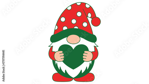 Charming christmas gnome holding a green heart in a stylized silhouette with a red polka dot hat and white beard silhouette
